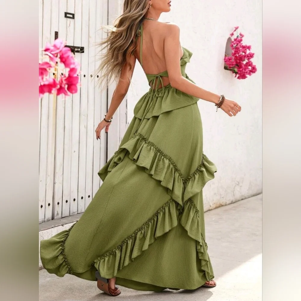 New Strappy Tie Tiered Ruffle Cami Maxi Dress Green - Picture 4 of 10
